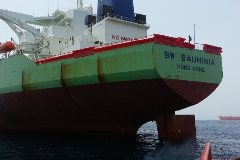 A green coloured ship equipped with anti-piracy barriers