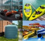 In the divided image, four snapshots capture products manufactured by Polymer Link: furniture in a corporate office lounge, two yellow kayaks by the dock, a blue water tank connected to a house with black and white pipes, and different colours of plactic water slides in a water park