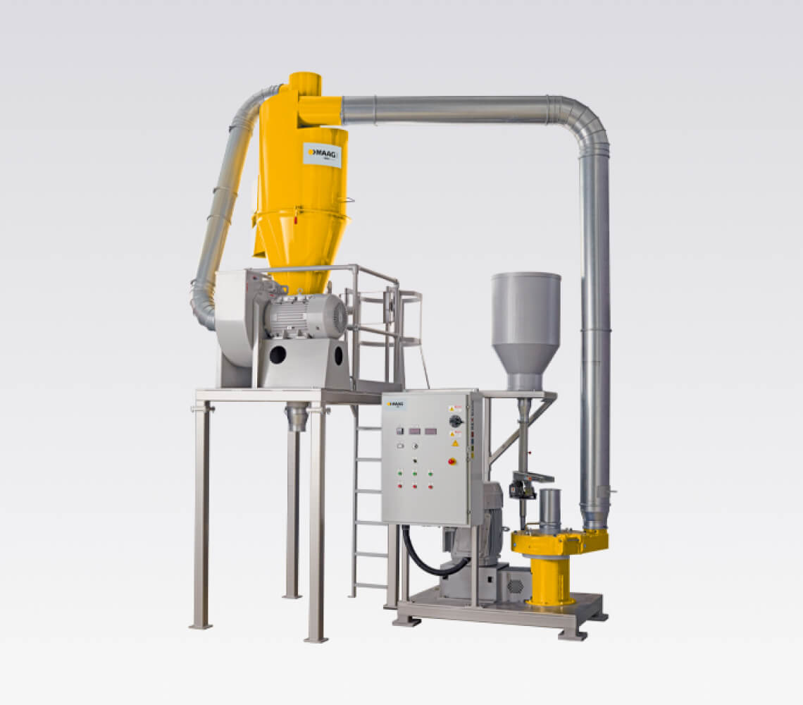 Yellow-grey coloured pulveriser machine are used by Polymer Link to manufacture rotomoulding raw materials