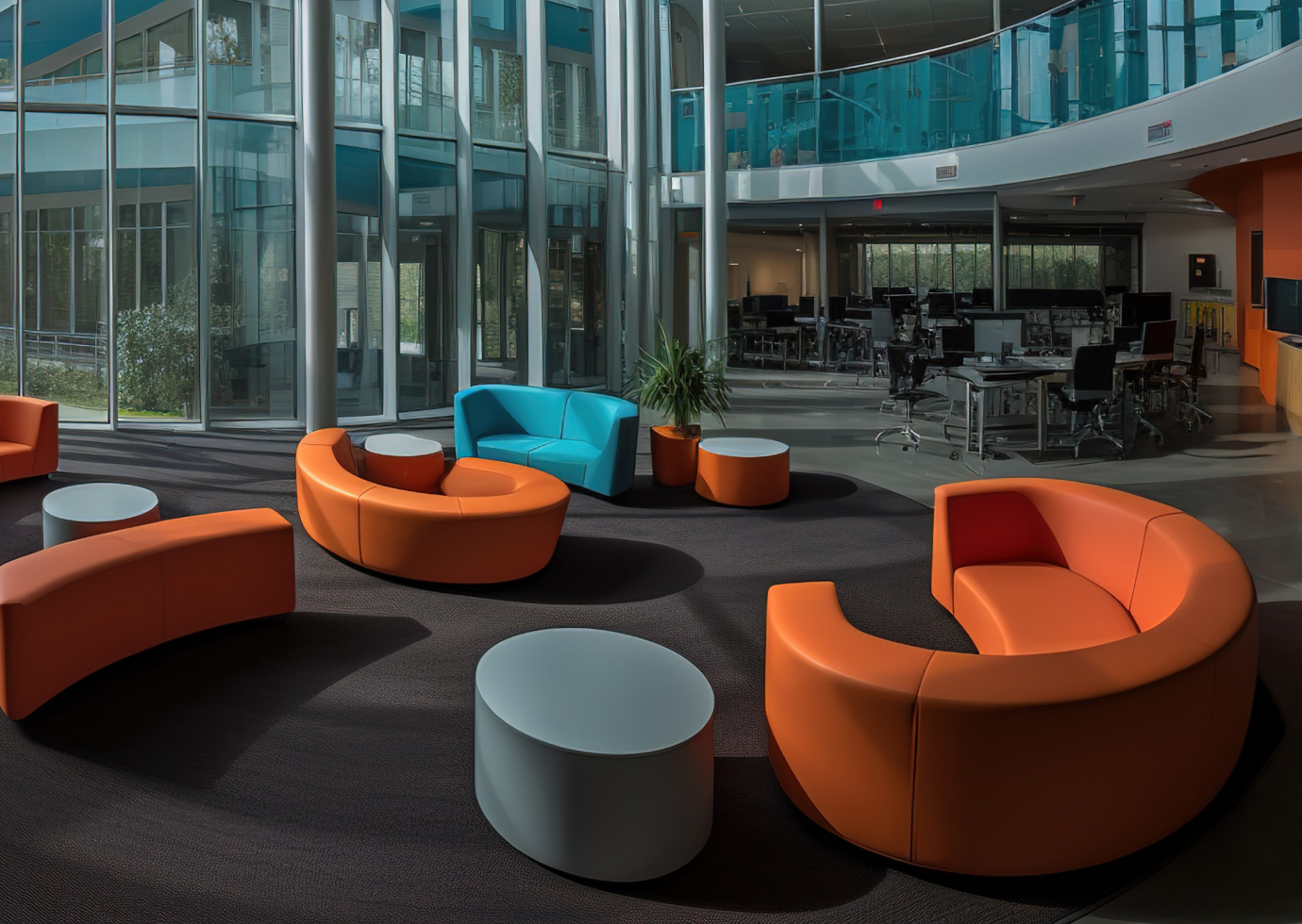 Sofas and tables in a corporate office lounge utilizing Polymer Link Flame Retardant Series which are suitable for manufacturing furniture