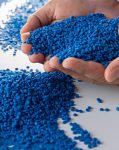Two piles of blue coloured masterbatches manufactured by Polymer Link