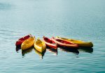 An array of Polymer Link kayaks in red and yellow, peacefully moored on a calm blue water surface, reflecting the essence of leisure and the durability of high-quality polymer construction
