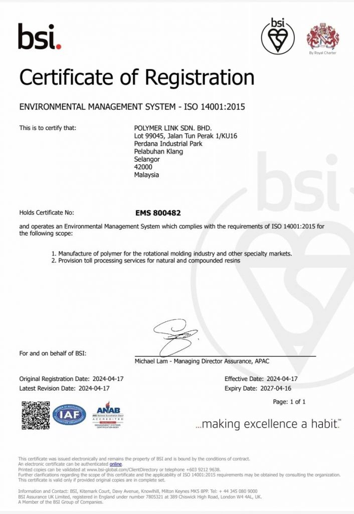 Certificate presented by BSI to Polymer Link on Environmental System Management ISO 14001:2015