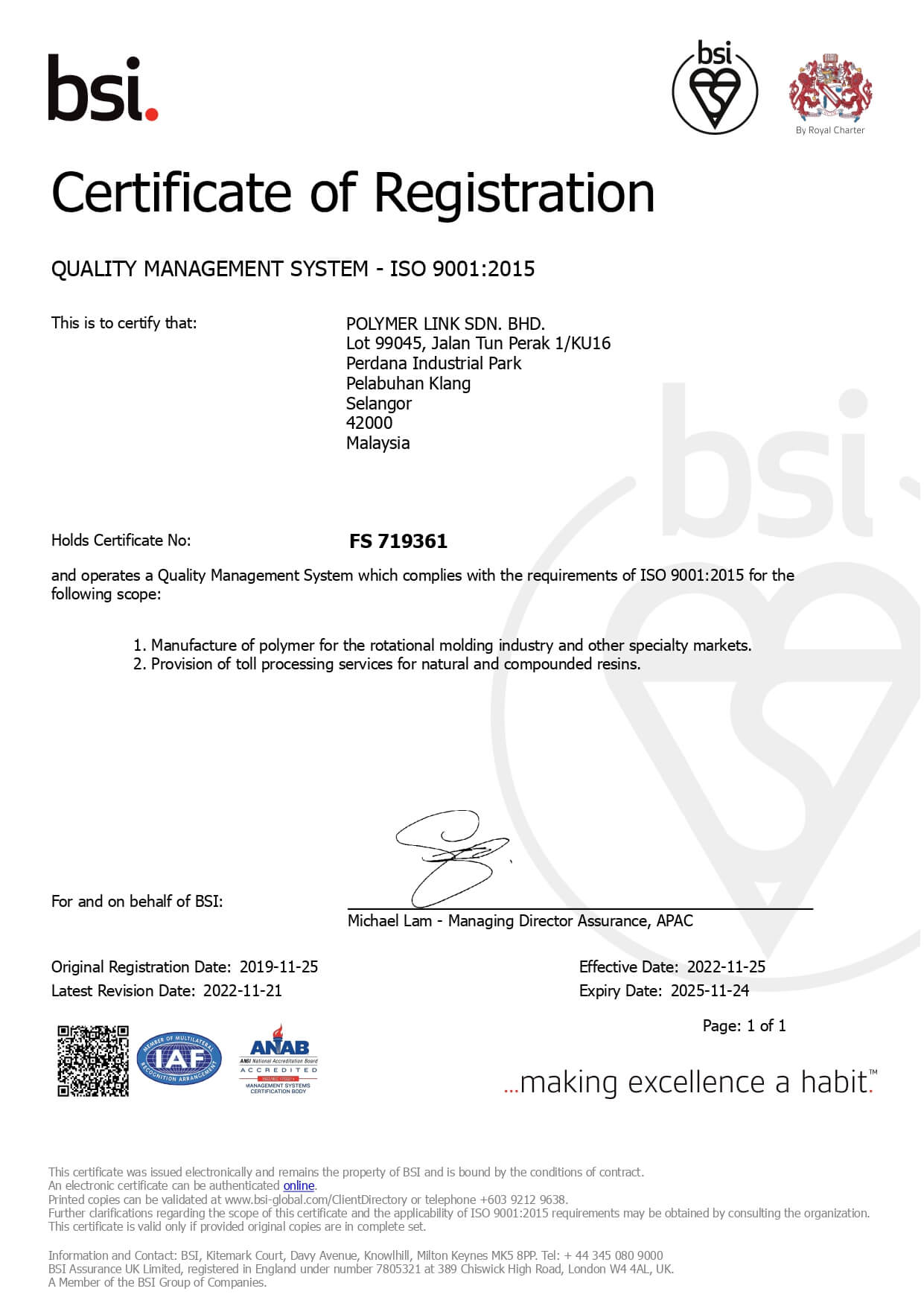 Certificate presented by BSI to Polymer Link on Quality Management System ISO 9001:2015